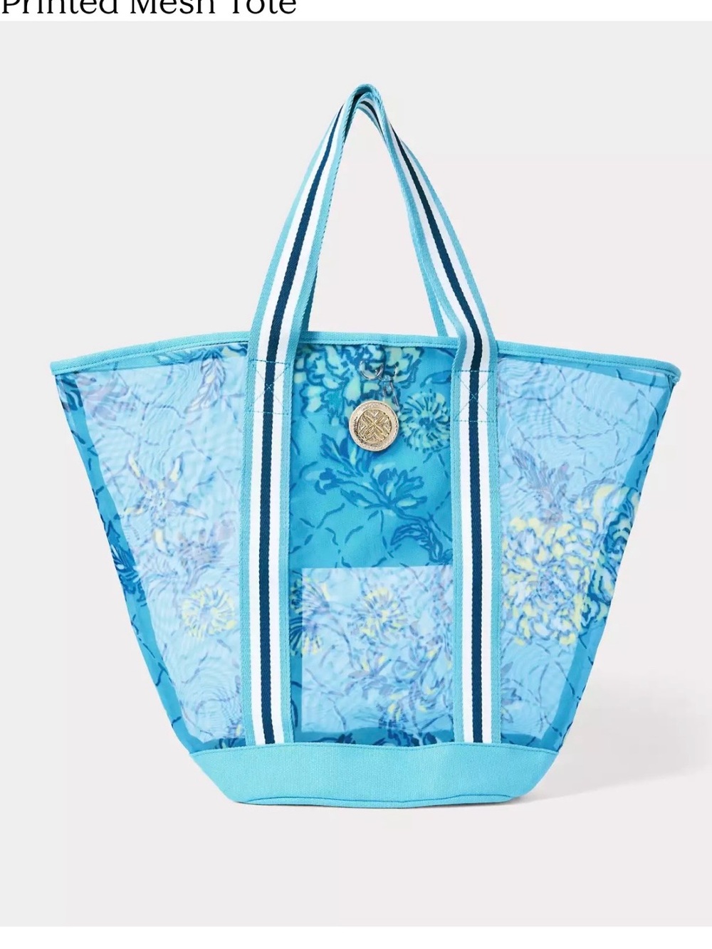 Lilly Pulitzer Blue Floral Mesh Tote with Striped Handles